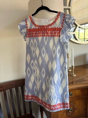 THML Light Blue and White Ikat Dress with Red Embroidery